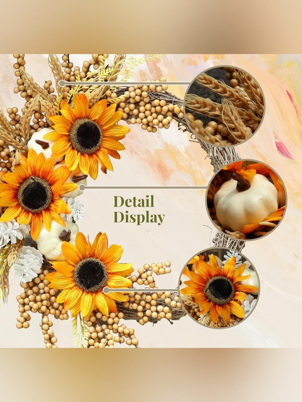 NIB 20" Sunflower White Pumpkin Fall Harvest Wreath Autumn Decor - Picture 3 of 7